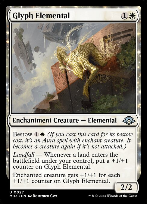 Bestow {1}{W} (If you cast this card for its bestow cost, it's an Aura spell with enchant creature. It becomes a creature again if it's not attached.)
Landfall — Whenever a land enters the battlefield under your control, put a +1/+1 counter on Glyph Elemental.
Enchanted creature gets +1/+1 for each +1/+1 counter on Glyph Elemental.