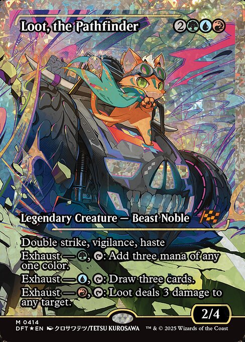 Double strike, vigilance, haste
Exhaust — {G}, {T}: Add three mana of any one color. (Activate each exhaust ability only once.)
Exhaust — {U}, {T}: Draw three cards.
Exhaust — {R}, {T}: Loot deals 3 damage to any target.