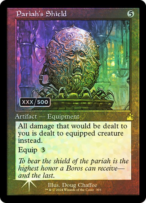 All damage that would be dealt to you is dealt to equipped creature instead.
Equip {3}