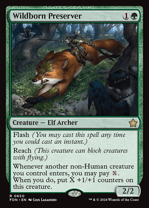 Flash (You may cast this spell any time you could cast an instant.)
Reach (This creature can block creatures with flying.)
Whenever another non-Human creature you control enters, you may pay {X}. When you do, put X +1/+1 counters on this creature.