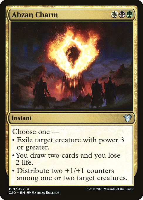 Choose one —
• Exile target creature with power 3 or greater.
• You draw two cards and you lose 2 life.
• Distribute two +1/+1 counters among one or two target creatures.