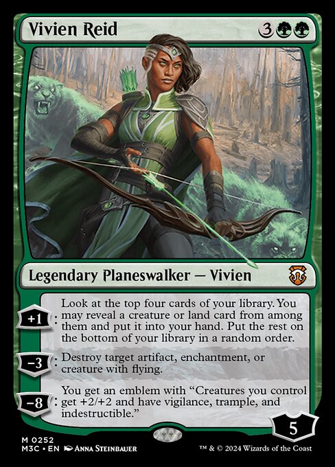 '+1: Look at the top four cards of your library. You may reveal a creature or land card from among them and put it into your hand. Put the rest on the bottom of your library in a random order.
−3: Destroy target artifact, enchantment, or creature with flying.
−8: You get an emblem with "Creatures you control get +2/+2 and have vigilance, trample, and indestructible."