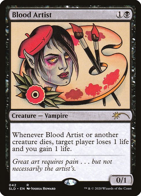 Whenever Blood Artist or another creature dies, target player loses 1 life and you gain 1 life.