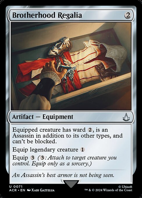 Equipped creature has ward {2}, is an Assassin in addition to its other types, and can't be blocked.
Equip legendary creature {1}
Equip {3} ({3}: Attach to target creature you control. Equip only as a sorcery.)