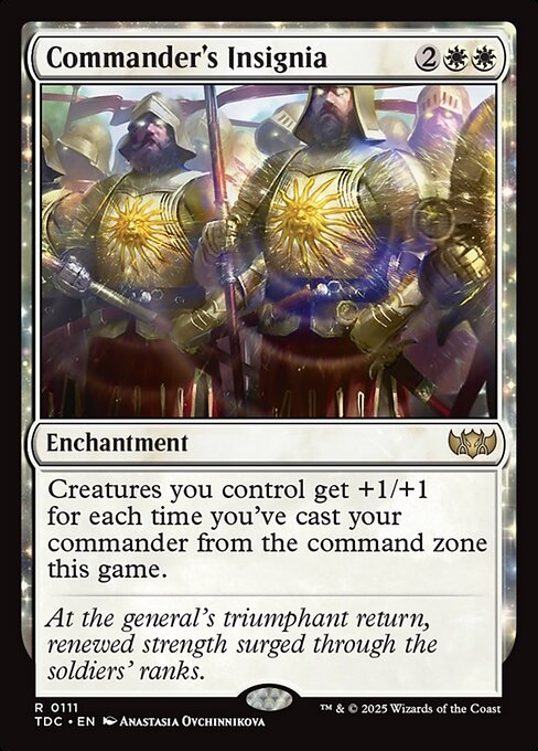 Creatures you control get +1/+1 for each time you've cast your commander from the command zone this game.