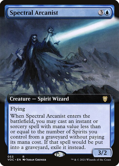 Flying
When Spectral Arcanist enters the battlefield, you may cast an instant or sorcery spell with mana value less than or equal to the number of Spirits you control from a graveyard without paying its mana cost. If that spell would be put into a graveyard, exile it instead.