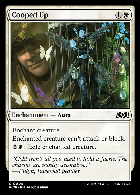 Enchant creature
Enchanted creature can't attack or block.
{2}{W}: Exile enchanted creature.