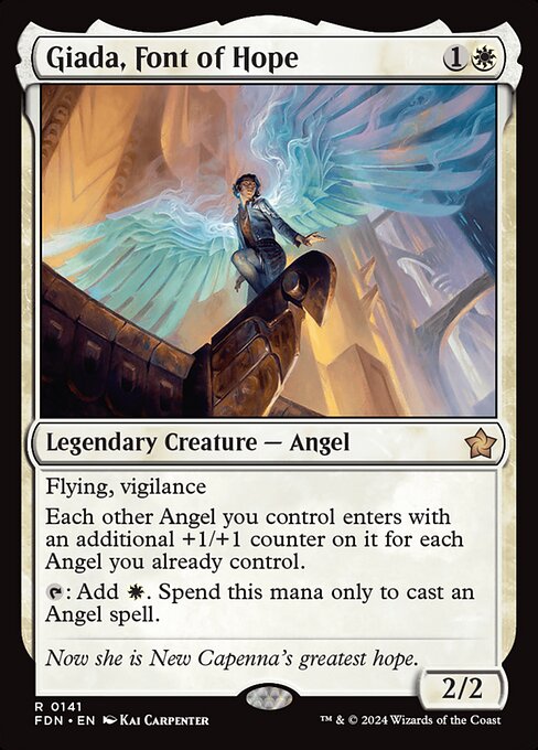 Flying, vigilance
Each other Angel you control enters with an additional +1/+1 counter on it for each Angel you already control.
{T}: Add {W}. Spend this mana only to cast an Angel spell.