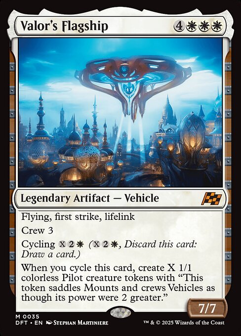 Flying, first strike, lifelink
Crew 3
Cycling {X}{2}{W} ({X}{2}{W}, Discard this card: Draw a card.)
When you cycle this card, create X 1/1 colorless Pilot creature tokens with "This token saddles Mounts and crews Vehicles as though its power were 2 greater."