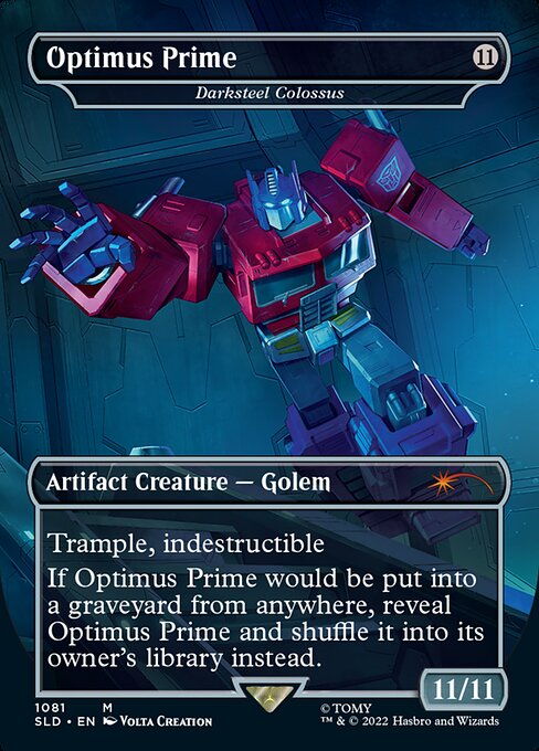 Trample, indestructible
If Darksteel Colossus would be put into a graveyard from anywhere, reveal Darksteel Colossus and shuffle it into its owner's library instead.   Trample, indestructible
If Darksteel Colossus would be put into a graveyard from anywhere, reveal Darksteel Colossus and shuffle it into its owner's library instead.