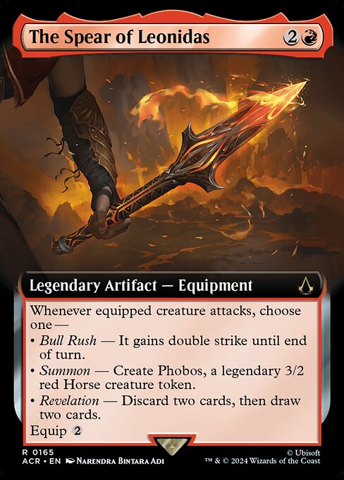 Whenever equipped creature attacks, choose one —
• Bull Rush — It gains double strike until end of turn.
• Summon — Create Phobos, a legendary 3/2 red Horse creature token.
• Revelation — Discard two cards, then draw two cards.
Equip {2}