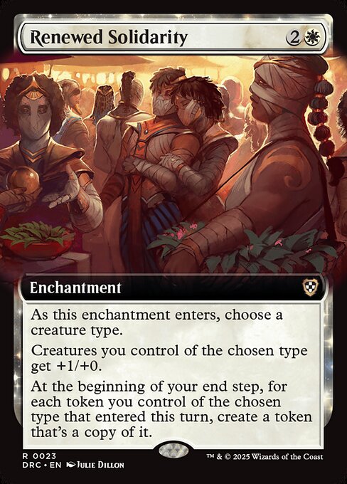 As this enchantment enters, choose a creature type.
Creatures you control of the chosen type get +1/+0.
At the beginning of your end step, for each token you control of the chosen type that entered this turn, create a token that's a copy of it.