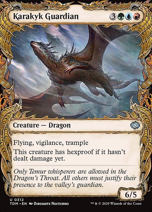 Flying, vigilance, trample
This creature has hexproof if it hasn't dealt damage yet. (It can't be the target of spells or abilities your opponents control.)