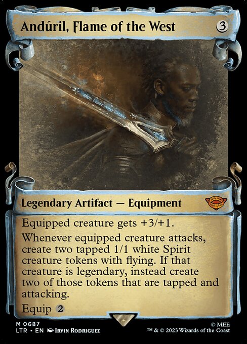 Equipped creature gets +3/+1.
Whenever equipped creature attacks, create two tapped 1/1 white Spirit creature tokens with flying. If that creature is legendary, instead create two of those tokens that are tapped and attacking.
Equip {2}
