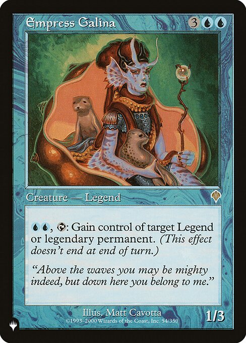 {U}{U}, {T}: Gain control of target legendary permanent. (This effect lasts indefinitely.)