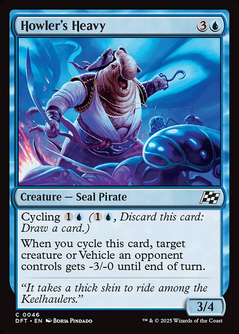 Cycling {1}{U} ({1}{U}, Discard this card: Draw a card.)
When you cycle this card, target creature or Vehicle an opponent controls gets -3/-0 until end of turn.