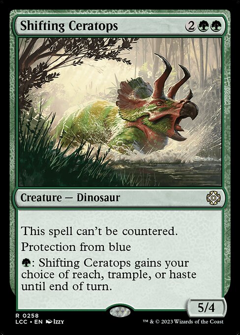This spell can't be countered.
Protection from blue (This creature can't be blocked, targeted, dealt damage, enchanted, or equipped by anything blue.)
{G}: This creature gains your choice of reach, trample, or haste until end of turn.