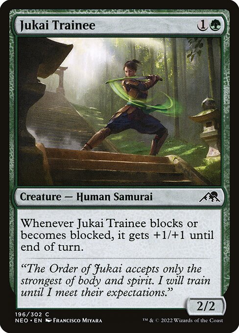 Whenever Jukai Trainee blocks or becomes blocked, it gets +1/+1 until end of turn.