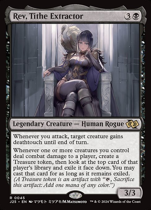 Whenever you attack, target creature gains deathtouch until end of turn.
Whenever one or more creatures you control deal combat damage to a player, create a Treasure token, then look at the top card of that player's library and exile it face down. You may cast that card for as long as it remains exiled. (A Treasure token is an artifact with "{T}, Sacrifice this artifact: Add one mana of any color.")