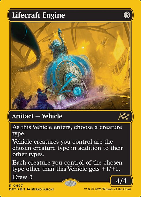 As this Vehicle enters, choose a creature type.
Vehicle creatures you control are the chosen creature type in addition to their other types.
Each creature you control of the chosen type other than this Vehicle gets +1/+1.
Crew 3