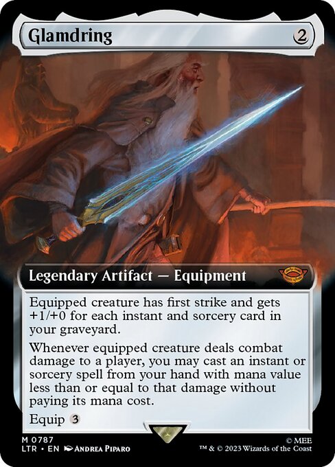 Equipped creature has first strike and gets +1/+0 for each instant and sorcery card in your graveyard.
Whenever equipped creature deals combat damage to a player, you may cast an instant or sorcery spell from your hand with mana value less than or equal to that damage without paying its mana cost.
Equip {3}