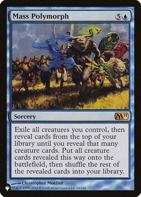 Exile all creatures you control, then reveal cards from the top of your library until you reveal that many creature cards. Put all creature cards revealed this way onto the battlefield, then shuffle the rest of the revealed cards into your library.