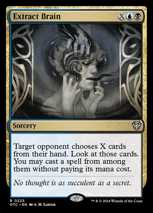 Target opponent chooses X cards from their hand. Look at those cards. You may cast a spell from among them without paying its mana cost.