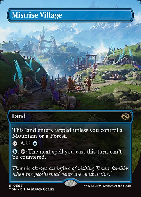 This land enters tapped unless you control a Mountain or a Forest.
{T}: Add {U}.
{U}, {T}: The next spell you cast this turn can't be countered.