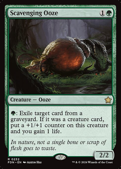 {G}: Exile target card from a graveyard. If it was a creature card, put a +1/+1 counter on Scavenging Ooze and you gain 1 life.