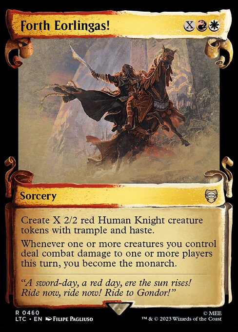 Create X 2/2 red Human Knight creature tokens with trample and haste.
Whenever one or more creatures you control deal combat damage to one or more players this turn, you become the monarch.