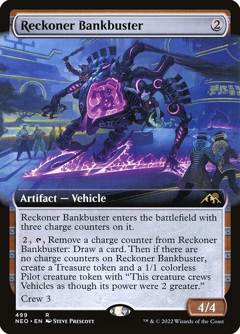 Reckoner Bankbuster enters the battlefield with three charge counters on it.
{2}, {T}, Remove a charge counter from Reckoner Bankbuster: Draw a card. Then if there are no charge counters on Reckoner Bankbuster, create a Treasure token and a 1/1 colorless Pilot creature token with "This creature crews Vehicles as though its power were 2 greater."
Crew 3