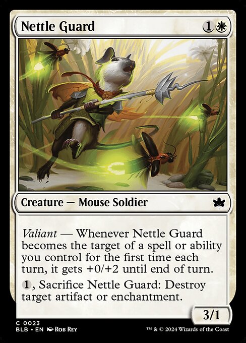 Valiant — Whenever Nettle Guard becomes the target of a spell or ability you control for the first time each turn, it gets +0/+2 until end of turn.
{1}, Sacrifice Nettle Guard: Destroy target artifact or enchantment.