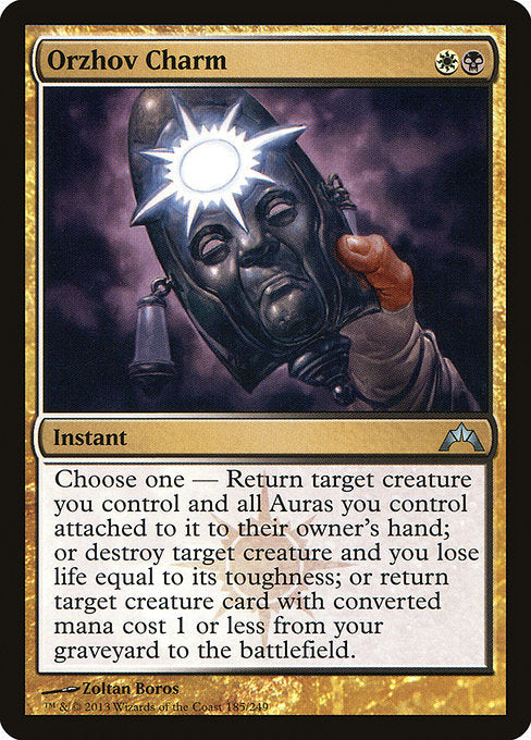 Choose one —
• Return target creature you control and all Auras you control attached to it to their owner's hand.
• Destroy target creature and you lose life equal to its toughness.
• Return target creature card with mana value 1 or less from your graveyard to the battlefield.