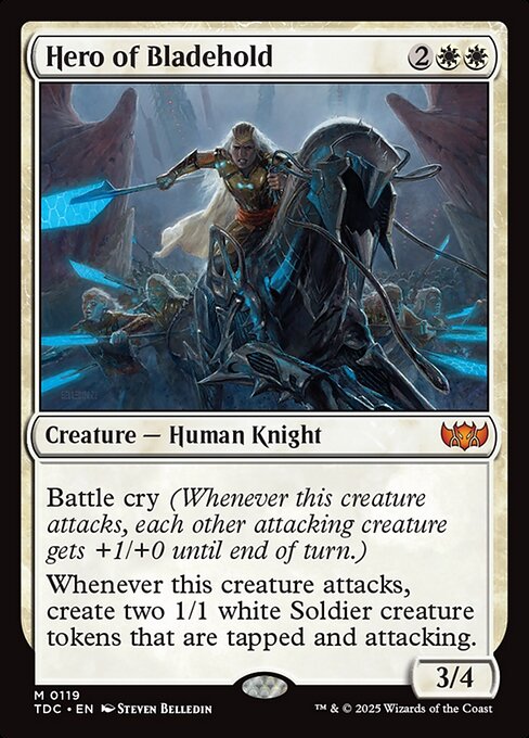 Battle cry (Whenever this creature attacks, each other attacking creature gets +1/+0 until end of turn.)
Whenever this creature attacks, create two 1/1 white Soldier creature tokens that are tapped and attacking.