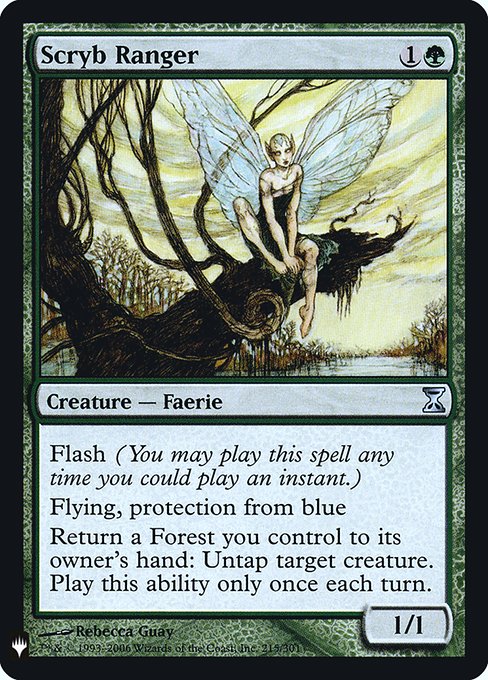 Flash
Flying, protection from blue
Return a Forest you control to its owner's hand: Untap target creature. Activate only once each turn.