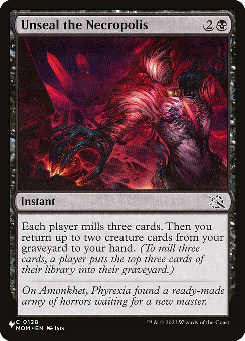 Each player mills three cards. Then you return up to two creature cards from your graveyard to your hand. (To mill three cards, a player puts the top three cards of their library into their graveyard.)