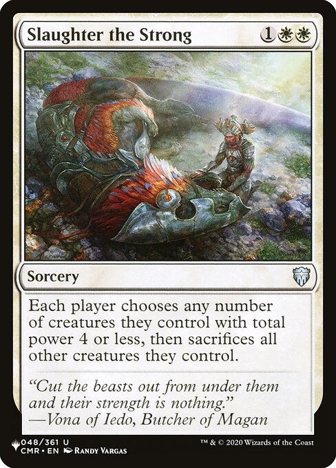 Each player chooses any number of creatures they control with total power 4 or less, then sacrifices all other creatures they control.