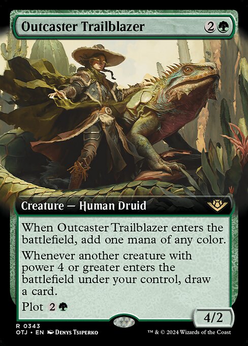 When Outcaster Trailblazer enters the battlefield, add one mana of any color.
Whenever another creature with power 4 or greater enters the battlefield under your control, draw a card.
Plot {2}{G} (You may pay {2}{G} and exile this card from your hand. Cast it as a sorcery on a later turn without paying its mana cost. Plot only as a sorcery.)