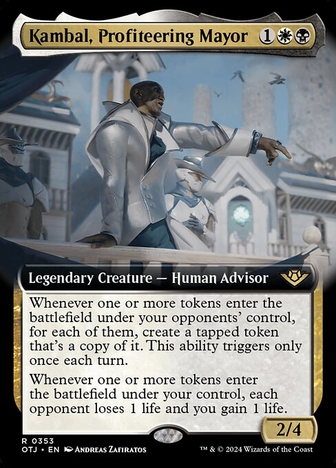 Whenever one or more tokens enter the battlefield under your opponents' control, for each of them, create a tapped token that's a copy of it. This ability triggers only once each turn.
Whenever one or more tokens enter the battlefield under your control, each opponent loses 1 life and you gain 1 life.