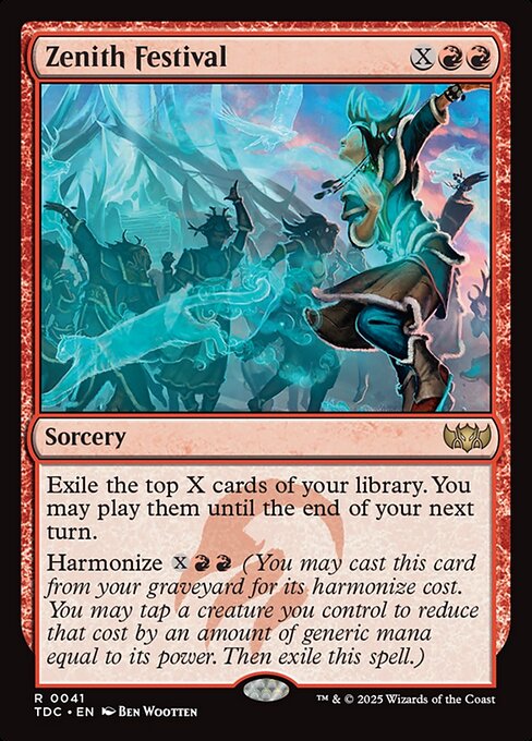 Exile the top X cards of your library. You may play them until the end of your next turn.
Harmonize {X}{R}{R} (You may cast this card from your graveyard for its harmonize cost. You may tap a creature you control to reduce that cost by an amount of generic mana equal to its power. Then exile this spell.)