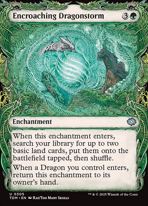 When this enchantment enters, search your library for up to two basic land cards, put them onto the battlefield tapped, then shuffle.
When a Dragon you control enters, return this enchantment to its owner's hand.