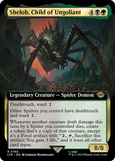 Deathtouch, ward {2}
Other Spiders you control have deathtouch and ward {2}.
Whenever another creature dealt damage this turn by a Spider you controlled dies, create a token that's a copy of that creature, except it's a Food artifact with "{2}, {T}, Sacrifice this artifact: You gain 3 life," and it loses all other card types.