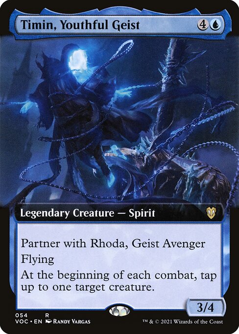 Partner with Rhoda, Geist Avenger (When this creature enters the battlefield, target player may put Rhoda into their hand from their library, then shuffle.)
Flying
At the beginning of each combat, tap up to one target creature.