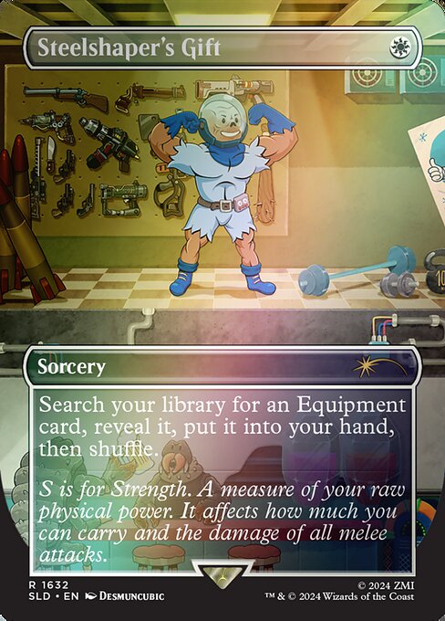 Search your library for an Equipment card, reveal that card, put it into your hand, then shuffle.