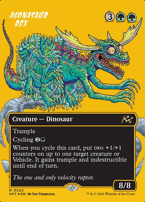 Trample
Cycling {2}{G} ({2}{G}, Discard this card: Draw a card.)
When you cycle this card, put two +1/+1 counters on up to one target creature or Vehicle. It gains trample and indestructible until end of turn.