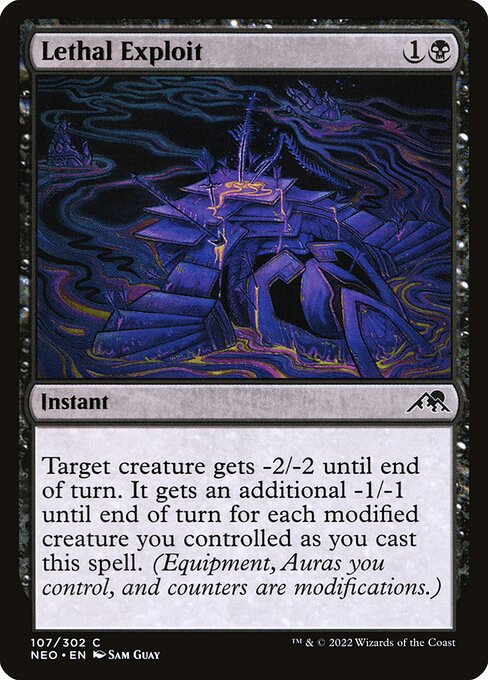 Target creature gets -2/-2 until end of turn. It gets an additional -1/-1 until end of turn for each modified creature you controlled as you cast this spell. (Equipment, Auras you control, and counters are modifications.)