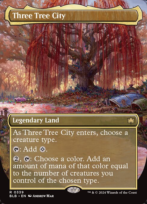 As Three Tree City enters, choose a creature type.
{T}: Add {C}.
{2}, {T}: Choose a color. Add an amount of mana of that color equal to the number of creatures you control of the chosen type.