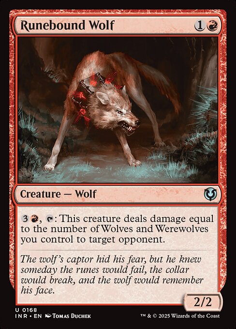 {3}{R}, {T}: Runebound Wolf deals damage equal to the number of Wolves and Werewolves you control to target opponent.