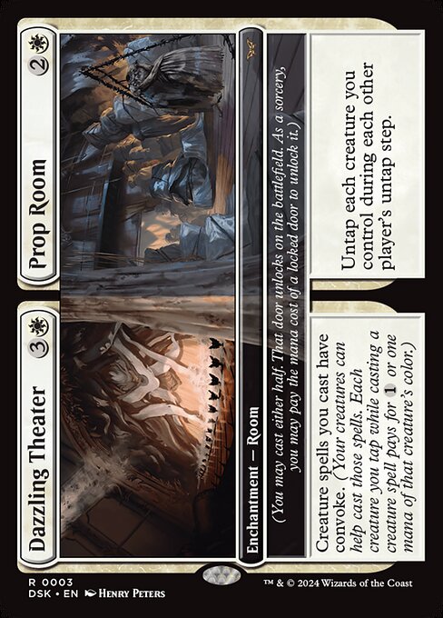 (You may cast either half. That door unlocks on the battlefield. As a sorcery, you may pay the mana cost of a locked door to unlock it.)
Creature spells you cast have convoke. (Your creatures can help cast those spells. Each creature you tap while casting a creature spell pays for {1} or one mana of that creature's color.)   (You may cast either half. That door unlocks on the battlefield. As a sorcery, you may pay the mana cost of a locked door to unlock it.)
Untap each creature you control duri