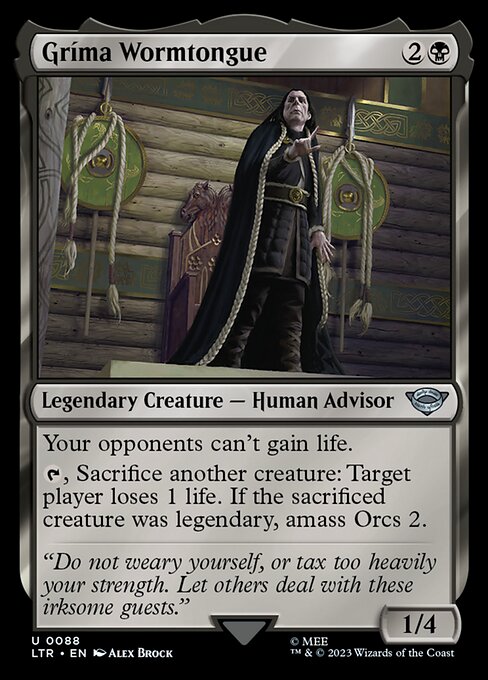 Your opponents can't gain life.
{T}, Sacrifice another creature: Target player loses 1 life. If the sacrificed creature was legendary, amass Orcs 2.